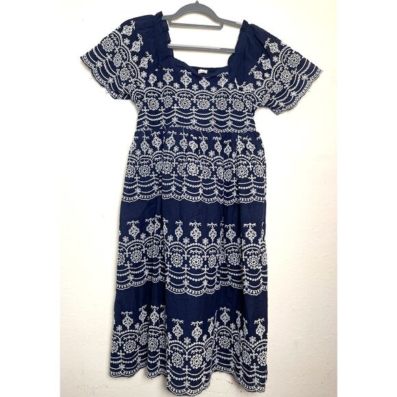 NWT Kings Road Women's Embroidered Eyelet Raw Hem Mini Babydoll Dress Blue S Y2K - Picture 1 of 12